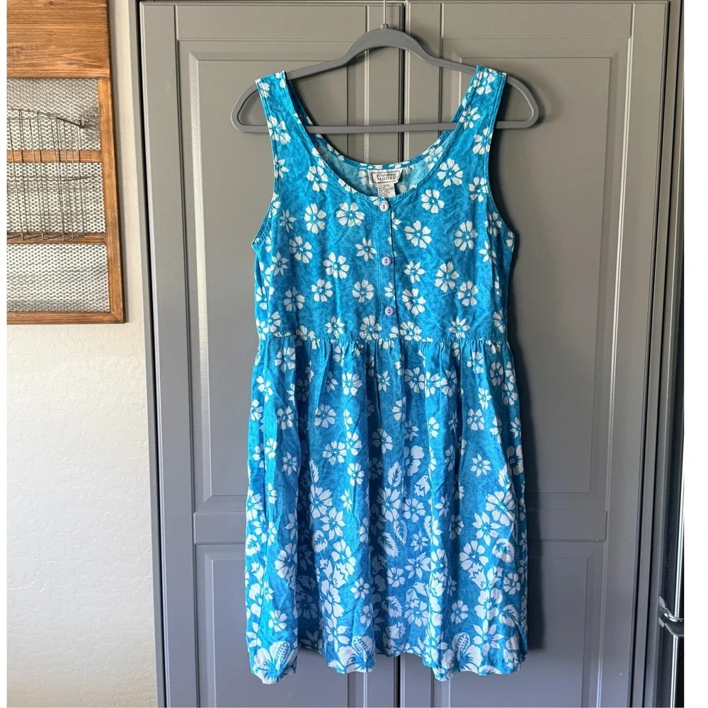 Jennifer Moore Vintage Tropical Hibiscus Sleeveless‎ Babydoll Sundress,Teal,M